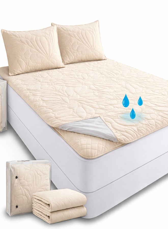 Waterproof Quilted Mattress Protector Set with 2 Pillow Shams – Soft Breathable Bed Cover, Hypoallergenic Fitted Mattress Pad, Liquid & Stain Resistant, Deep Pocket Bedding Protector, Beige/Cream